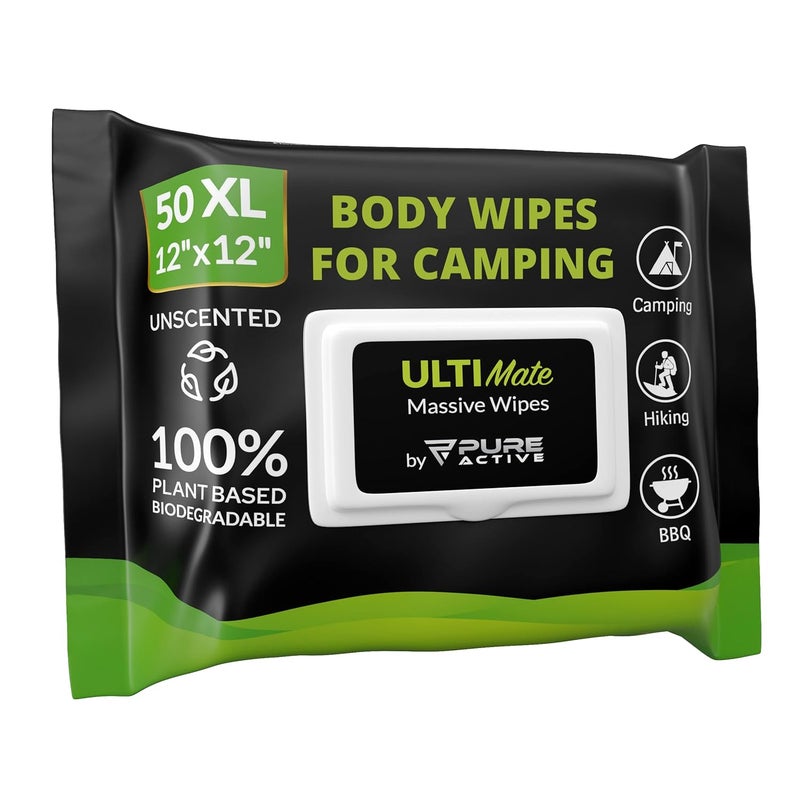 Pure Active Body Wipes for Camping 50 XXL Camping Wipes 12''x 12'', Shower Body Wipes for Camping, Body and Face Wipes, Biodegradable Personal Hygiene Body Cleansing Wipes for Women Men Kids Elderly Travel - Image 1